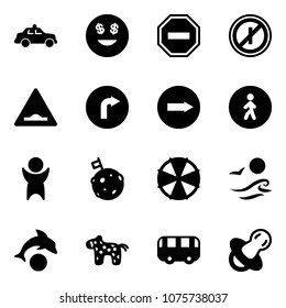 Solid vector icon set - safety car vector, dollar smile, no way road sign, parkin odd, artificial unevenness, only right, pedestrian, success, moon flag, parasol, waves, dolphin, toy horse, bus
