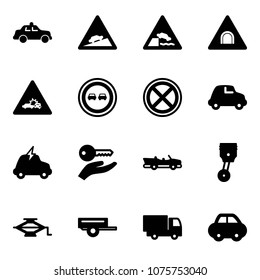 Solid vector icon set - safety car vector, climb road sign, embankment, tunnel, crash, no overtake, stop, electric, key hand, cabrio, piston, jack, trailer, truck toy