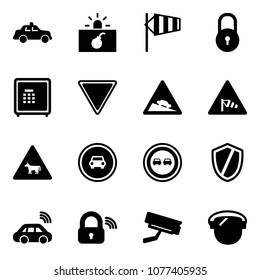 Solid vector icon set - safety car vector, terrorism, side wind, lock, safe, giving way road sign, steep descent, cow, no, overtake, shield, wireless, surveillance camera, protect glass