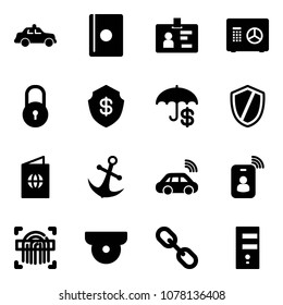 Solid vector icon set - safety car vector, passport, identity, safe, lock, insurance, shield, anchor, wireless, card, fingerprint scanner, surveillance camera, link, server