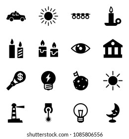 Solid vector icon set - safety car vector, sun, garland, candle, eye, bank, money torch, idea, moon flag, lighthouse, laser, bulb, lamp