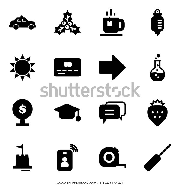Solid vector icon set - safety car vector, holly,\
tea, drop counter, sun, credit card, right arrow, round flask,\
money tree, graduate hat, dialog, strawberry, sand castle,\
identity, measuring tape
