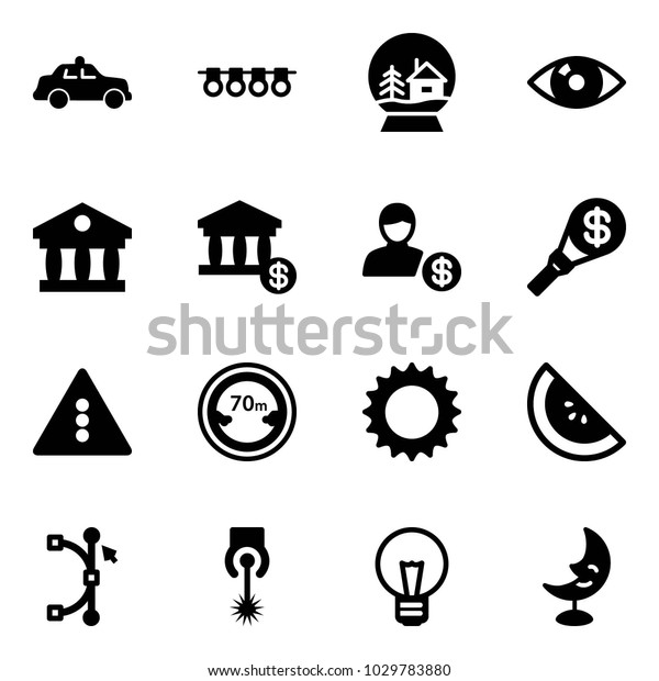 Solid vector icon set - safety car vector, garland,
snowball house, eye, bank, account, money torch, traffic light road
sign, limited distance, sun, watermelone, bezier, laser, bulb, moon
lamp