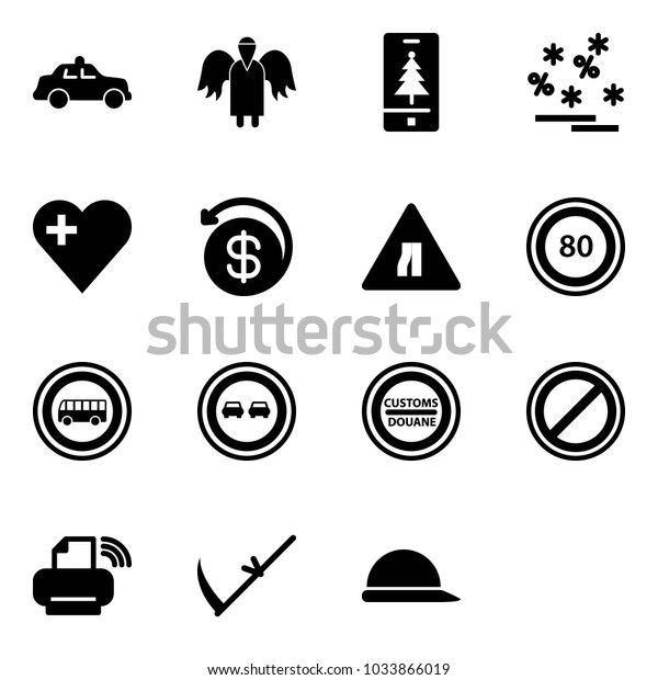 Solid vector icon set - safety car vector, angel,\
christmas mobile, sale, heart, money back, Road narrows sign, speed\
limit 80, no bus, overtake, customs, parking, printer wireless,\
scythe