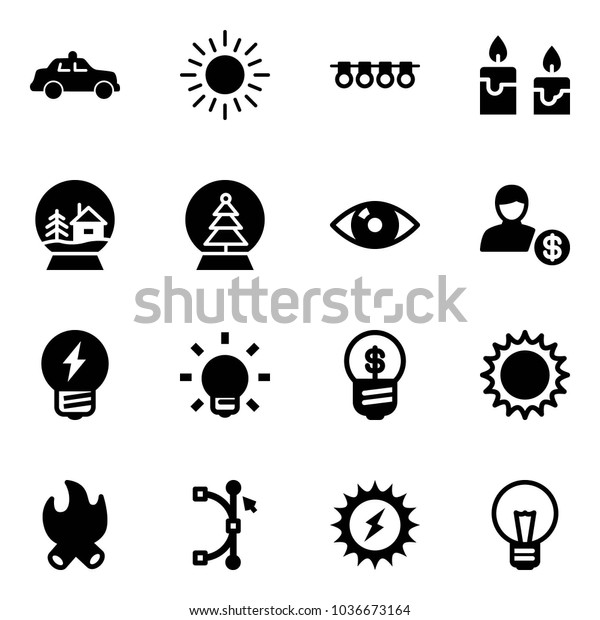 Solid vector icon set - safety car vector, sun,
garland, candle, snowball house, tree, eye, account, idea, bulb,
business, fire, bezier,
power