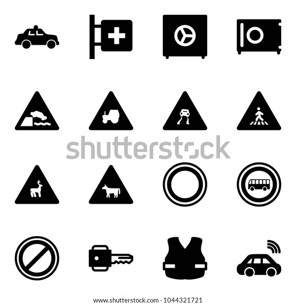 Solid vector icon set - safety car vector, first
aid room, safe, embankment road sign, tractor way, slippery,
pedestrian, wild animals, cow, prohibition, no bus, parking, key,
life vest, wireless