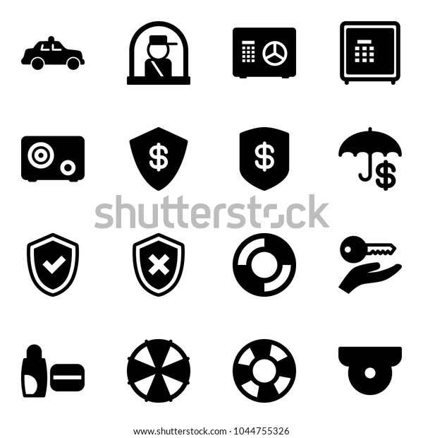 Solid vector icon set -\
safety car vector, officer window, safe, insurance, shield check,\
cross, lifebuoy, key hand, uv cream, parasol, surveillance\
camera