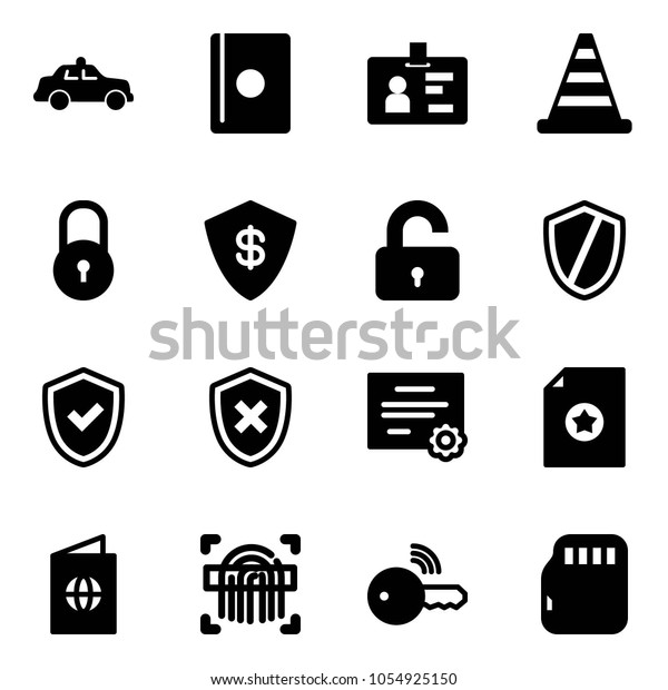 Solid
vector icon set - safety car vector, passport, identity, road cone,
lock, safe, unlocked, shield, check, cross, certificate,
fingerprint scanner, wireless key, micro flash
card