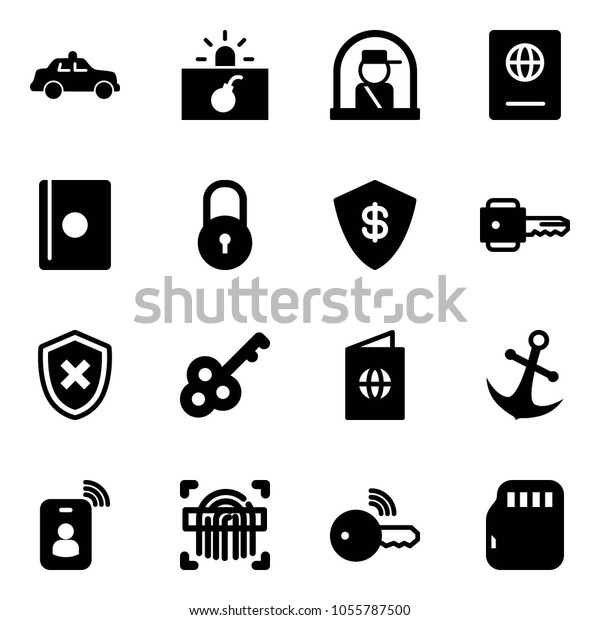Solid vector\
icon set - safety car vector, terrorism, officer window, passport,\
lock, safe, key, shield cross, anchor, identity card, fingerprint\
scanner, wireless, micro\
flash