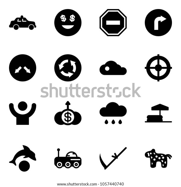 Solid vector icon set - safety car vector, dollar\
smile, no way road sign, only right, detour, circle, cloud, target,\
success, growth, rain, inflatable pool, dolphin, moon rover,\
scythe, toy horse