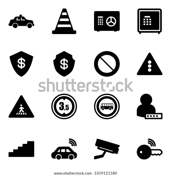 Solid vector icon set - safety car vector, road cone,
safe, prohibition sign, traffic light, pedestrian, limited height,
no bus, user password, stairs, wireless, surveillance camera,
key