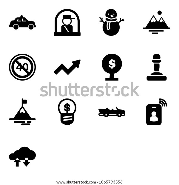 Solid vector icon set - safety car vector, officer\
window, snowman, mountains, end minimal speed limit road sign,\
growth arrow, money tree, pawn, mountain, business idea, cabrio,\
identity card