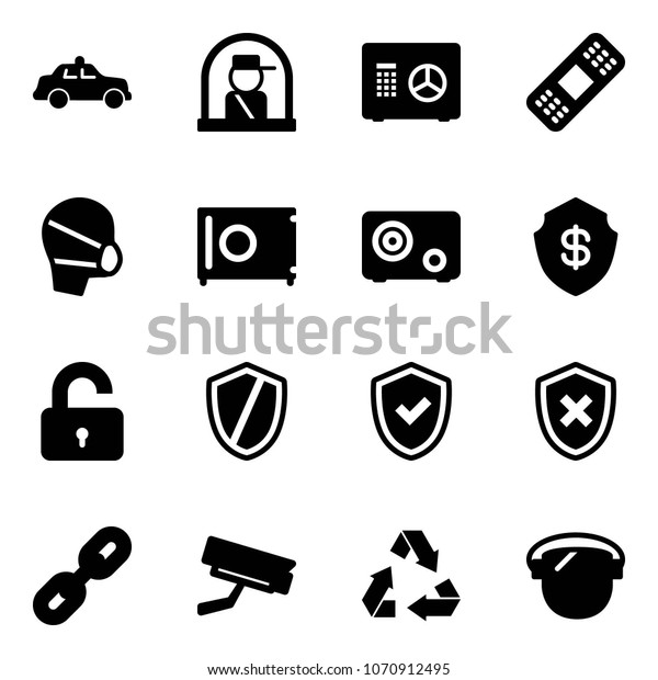 Solid vector icon set -\
safety car vector, officer window, safe, medical patch, mask,\
unlocked, shield, check, cross, link, surveillance camera,\
recycling, protect glass