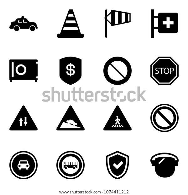 Solid vector icon set - safety car vector, road
cone, side wind, first aid room, safe, prohibition sign, stop,
oncoming traffic, steep descent, pedestrian, no, bus, shield check,
protect glass