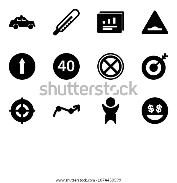 Solid vector icon set - safety car vector,\
thermometer, statistics report, artificial unevenness road sign,\
only forward, minimal speed limit, no stop, target, chart point\
arrow, success