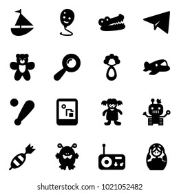 Solid vector icon set - sailboat toy vector, balloon smile, crocodile, paper plane, bear, beanbag, baseball bat, game console, doll, robot, dart, monster, radio, russian