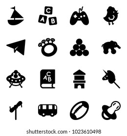 Solid vector icon set - sailboat toy vector, abc cube, joystick, chicken, paper plane, beanbag, billiards balls, elephant wheel, ufo, book, block house, unicorn stick, windmill, bus, football