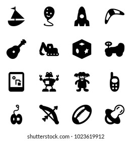 Solid vector icon set - sailboat toy vector, balloon smile, rocket, boomerang, guitar, excavator, cube, baby car, game console, robot, doll, phone, yoyo, bow, football, soother