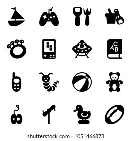 Solid vector icon set - sailboat toy vector, joystick, shovel fork, bucket, beanbag, game console, ufo, abc book, phone, caterpillar, beach ball, bear, yoyo, windmill, duck, football