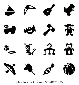 Solid vector icon set - sailboat toy vector, boomerang, guitar, dinosaur, baby car, horn, hammer, doll, constructor blocks, caterpillar, carousel, bear, bow, unicorn stick, dart, basketball