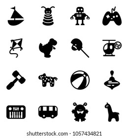 Solid vector icon set - sailboat toy vector, pyramid, robot, joystick, kite, dinosaur, horse stick, helicopter, hammer, beach ball, wirligig, piano, bus, monster, giraffe