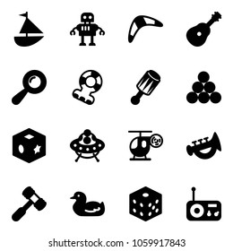 Solid vector icon set - sailboat toy vector, robot, boomerang, guitar, beanbag, teethers, billiards balls, cube, ufo, helicopter, horn, hammer, duck, bones, radio