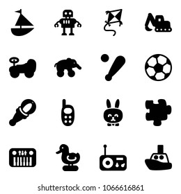 Solid vector icon set - sailboat toy vector, robot, kite, excavator, baby car, elephant wheel, baseball bat, soccer ball, beanbag, phone, rabbit, puzzle, piano, duck, radio, boat