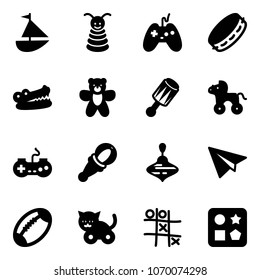 Solid vector icon set - sailboat toy vector, pyramid, joystick, tambourine, crocodile, bear, beanbag, wheel horse, gamepad, wirligig, paper plane, football, cat, Tic tac toe, cube hole