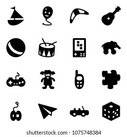Solid vector icon set - sailboat toy vector, balloon smile, boomerang, guitar, ball, drum, game console, elephant wheel, gamepad, doll, phone, puzzle, yoyo, paper plane, car, bones