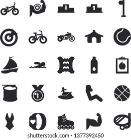 Solid vector icon set - sailboat flat vector, target, medal, pedestal, basketball, diet, muscles, bicycle, carpal expander, sports flag, tennis ball, swimsuit, roller Skates, swimming, swing press