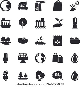 Solid vector icon set - salad flat vector, seeds, tree, seedlings, solar battery, earth, forest, hydroelectric power station, energy saving lamp, eco cars, carbon dioxide, bags,, drop