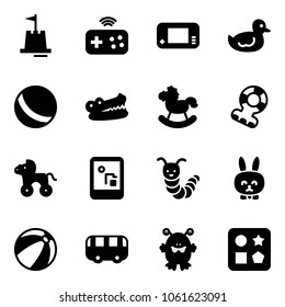 Solid vector icon set - sand castle vector, joystick wireless, game console, duck toy, ball, crocodile, rocking horse, teethers, wheel, caterpillar, rabbit, beach, bus, monster, cube hole