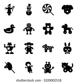 Solid vector icon set - santa claus vector, snowman, lollipop, dog, duck toy, robot, bear, wheel horse, doll, rabbit, unicorn stick, cat