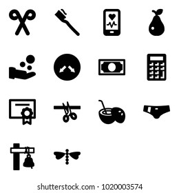Solid vector icon set - santa stick vector, tooth brush, mobile heart monitor, pear, cash pay, detour road sign, money, calculator, certificate, opening, coconut cocktail, swimsuit, ship bell