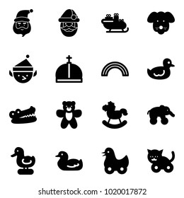 Solid vector icon set - santa claus vector, sleigh, dog, christmas elf, crown, rainbow, duck toy, crocodile, bear, rocking horse, elephant wheel, cat
