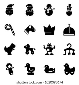 Solid vector icon set - santa claus vector, snowman, lollipop, dog, crown, dinosaur toy, wheel horse, robot, baby carousel, doll, duck