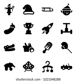 Solid vector icon set - santa claus vector, christmas hat, sleigh, elf, eggplant, win cup, rocket, gyroscope, crocodile, shovel bucket, beanbag, horse stick toy, elephant wheel, ufo, baby carousel