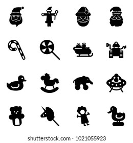 Solid vector icon set - santa claus vector, lollipop, sleigh, robot, duck toy, rocking horse, elephant wheel, ufo, bear, unicorn stick, doll
