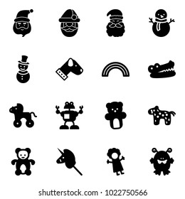 Solid vector icon set - santa claus vector, snowman, dog, rainbow, crocodile, wheel horse, robot, bear toy, unicorn stick, doll, monster