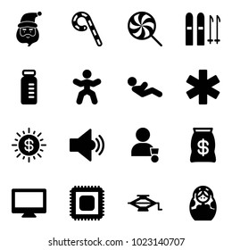 Solid vector icon set - santa claus vector, lollipop, ski, vial, gymnastics, abdominal muscles, ambulance star, dollar sun, volume medium, winner, money bag, monitor, cpu, jack, russian doll