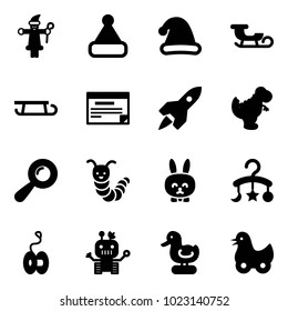 Solid vector icon set - santa claus vector, christmas hat, sleigh, schedule, rocket, dinosaur toy, beanbag, caterpillar, rabbit, baby carousel, yoyo, robot, duck