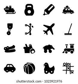 Solid vector icon set - santa sleigh vector, weight, highlight marker, car baggage, piston, bezier, plane, rake, crocodile, shovel bucket, elephant wheel, toy train, basketball, duck, Tic tac toe