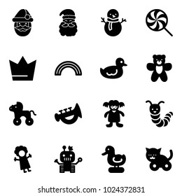 Solid vector icon set - santa claus vector, snowman, lollipop, crown, rainbow, duck toy, bear, wheel horse, horn, doll, caterpillar, robot, cat