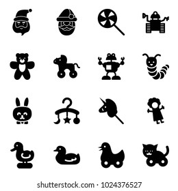 Solid vector icon set - santa claus vector, lollipop, robot, bear toy, wheel horse, caterpillar, rabbit, baby carousel, unicorn stick, doll, duck, cat