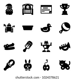 Solid vector icon set - santa claus vector, money chest, schedule, win cup, robot, basin, duck toy, beanbag, crocodile, horn, rabbit, yoyo, cat