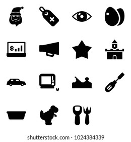 Solid vector icon set - santa claus vector, medical label, eye, eggs, account statistics, loudspeaker, star medal, sand fort, limousine, monoblock pc, jointer, chisel, basin, dinosaur toy