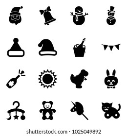 Solid vector icon set - santa claus vector, bell, snowman, christmas hat, champagne, flag garland, fizz opening, sun, dinosaur toy, rabbit, baby carousel, bear, unicorn stick, cat