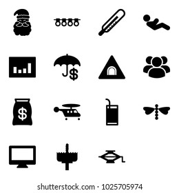 Solid vector icon set - santa claus vector, garland, thermometer, abdominal muscles, statistics, insurance, tunnel road sign, group, money bag, helicopter, drink, dragonfly, monitor, crown drill