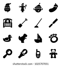 Solid vector icon set - santa claus vector, christmas elf, eggplant, money chest, shovel, hoe, rasp, duck toy, dinosaur, sailboat, beanbag, phone, bear