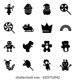 Solid vector icon set - santa claus vector, lollipop, sleigh, crown, rainbow, robot, dinosaur toy, bear, caterpillar, unicorn stick, doll